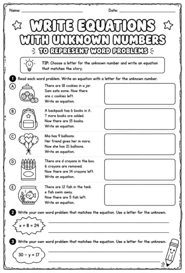 Write equations with unknown numbers to represent word problems