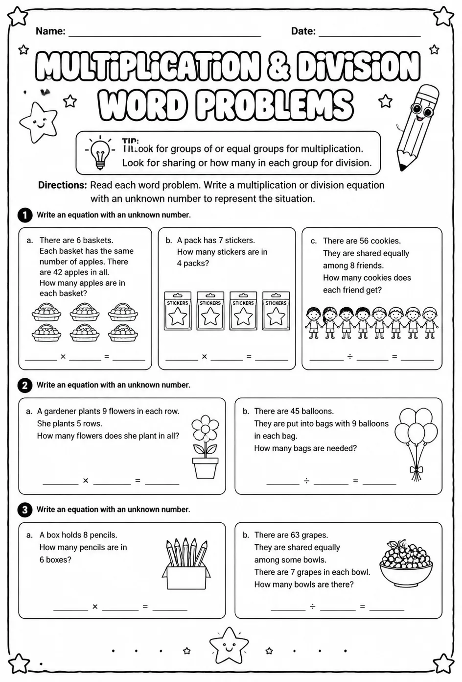 Write equations with unknown numbers to represent word problems: multiplication and division only — free printable Grade 3 math worksheet