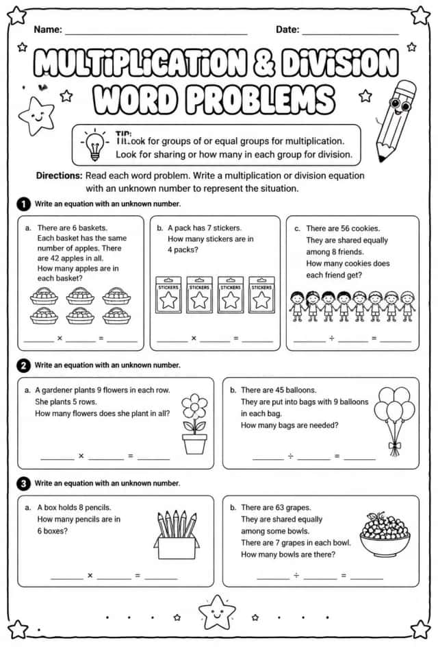 Write equations with unknown numbers to represent word problems: multiplication and division only