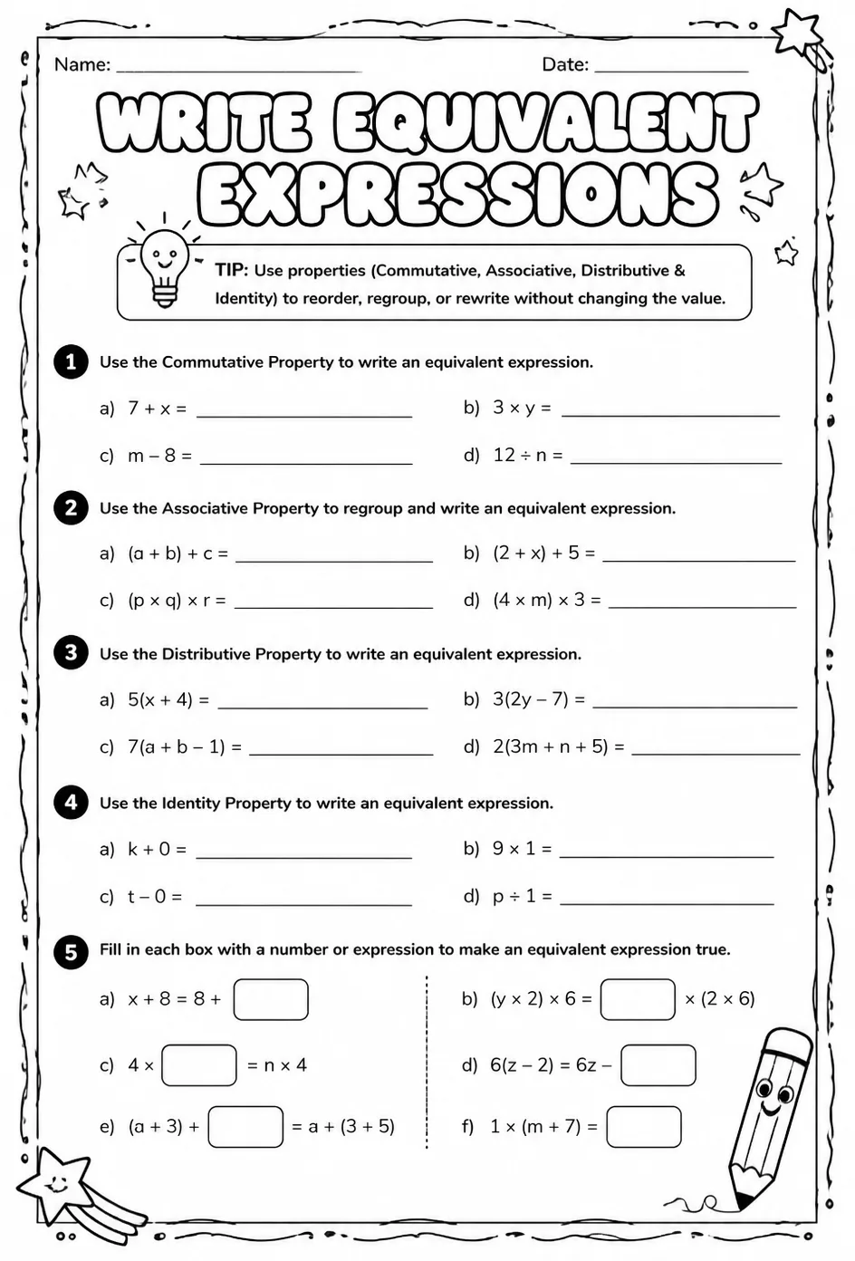 Write equivalent expressions using properties — free printable Grade 6 math worksheet