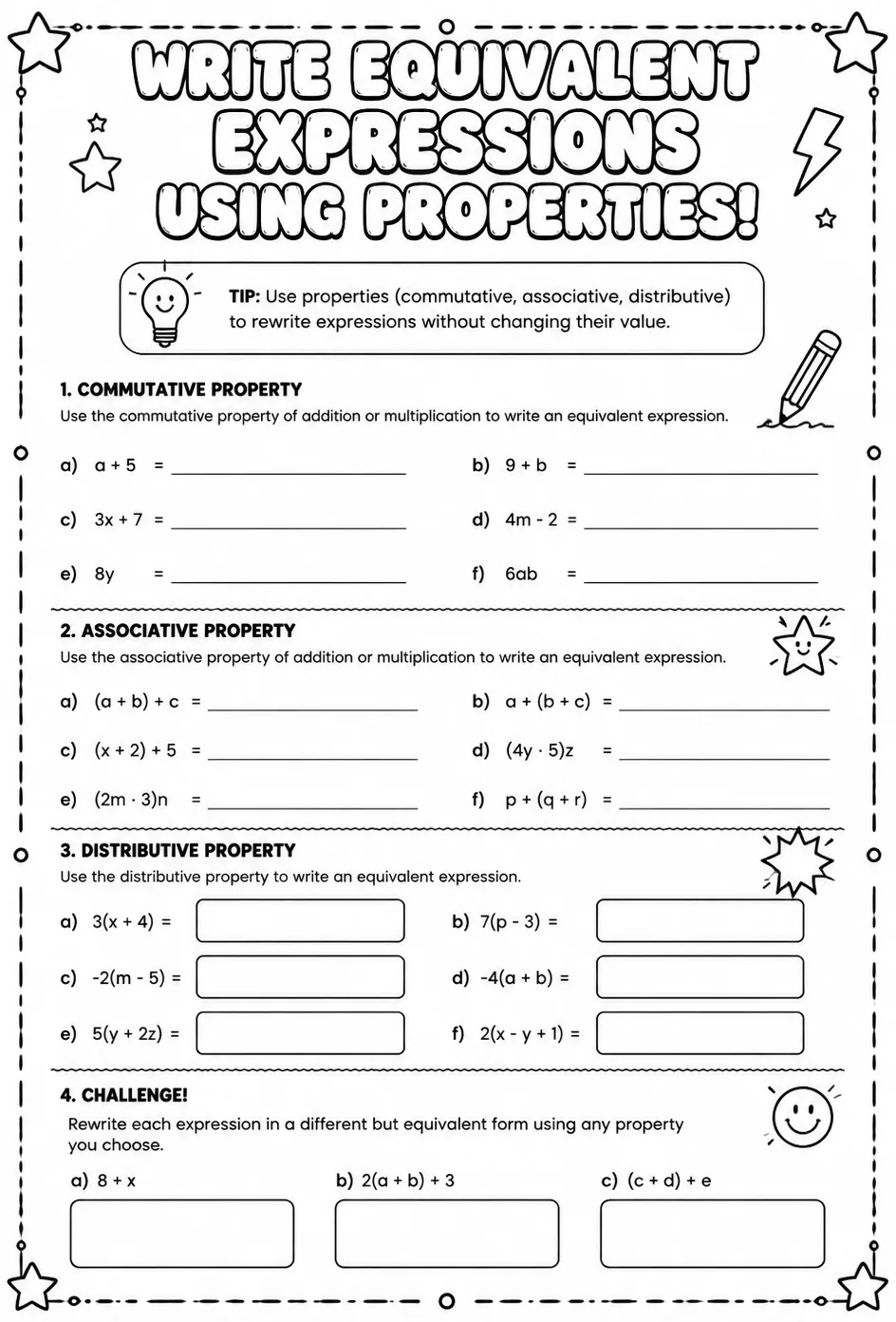 Write equivalent expressions using properties — free printable Grade 7 math worksheet