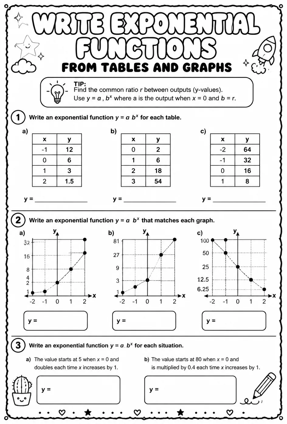 Write exponential functions from tables and graphs — free printable Algebra 1 math worksheet