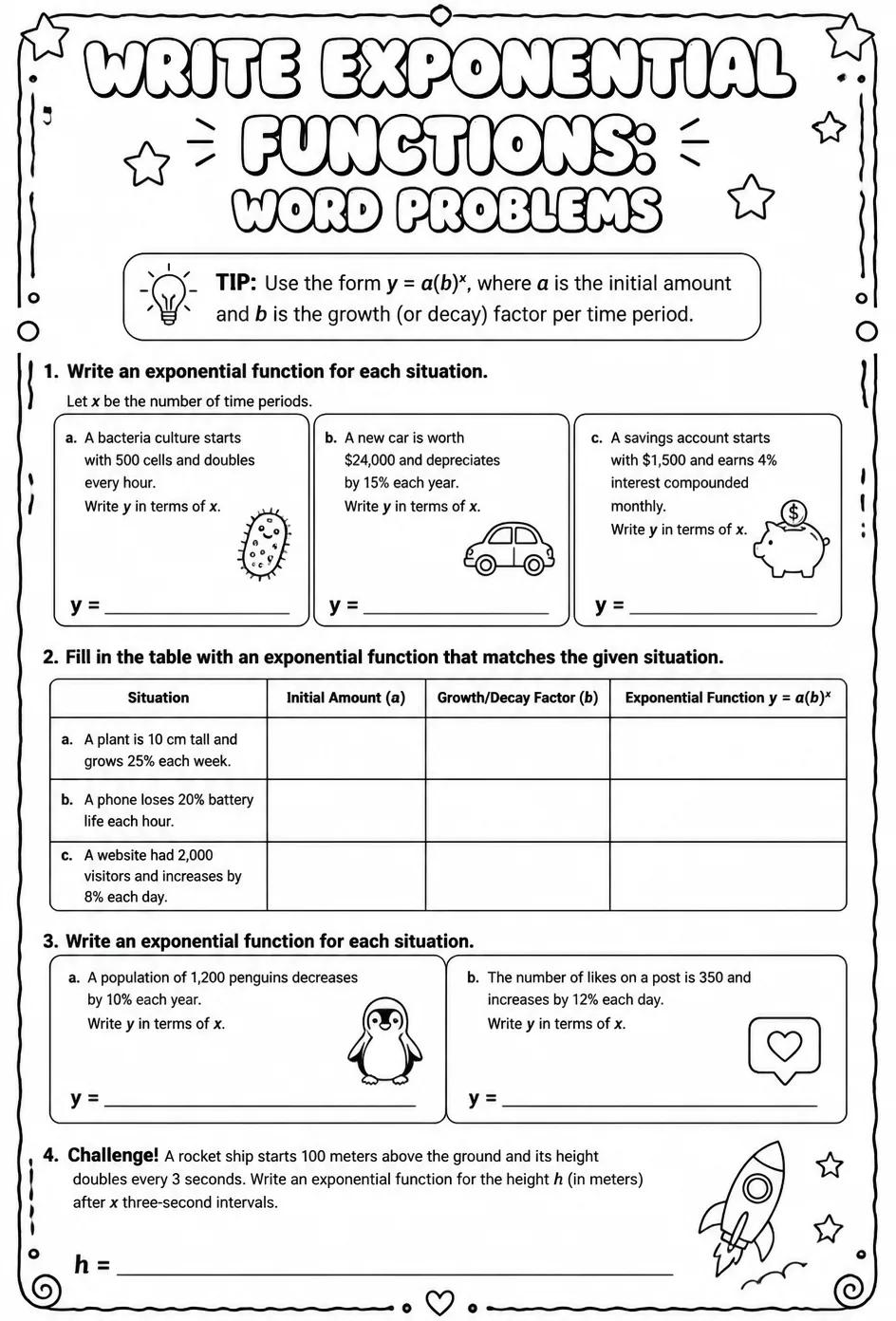 Write exponential functions: word problems — free printable Algebra 1 math worksheet
