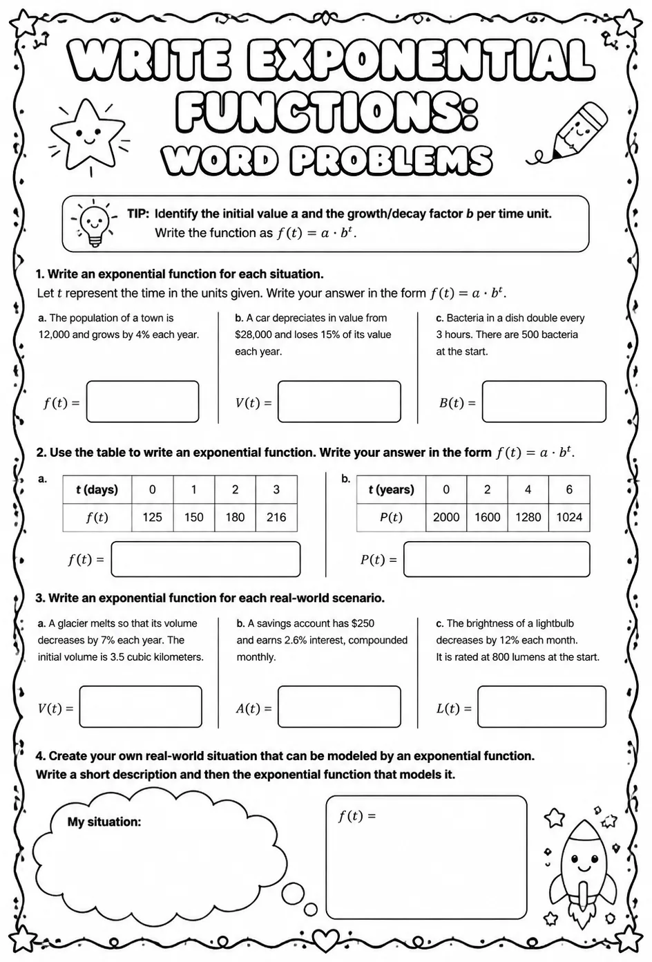 Write exponential functions: word problems — free printable Algebra 2 math worksheet