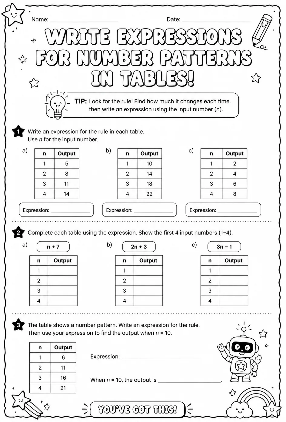 Write expressions for number patterns in tables — free printable Grade 4 math worksheet