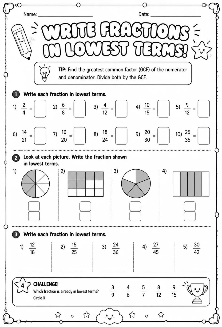 Write fractions in lowest terms — free printable Grade 3 math worksheet