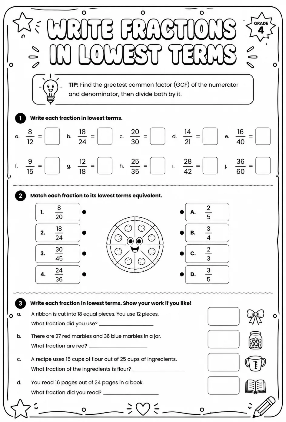 Write fractions in lowest terms — free printable Grade 4 math worksheet