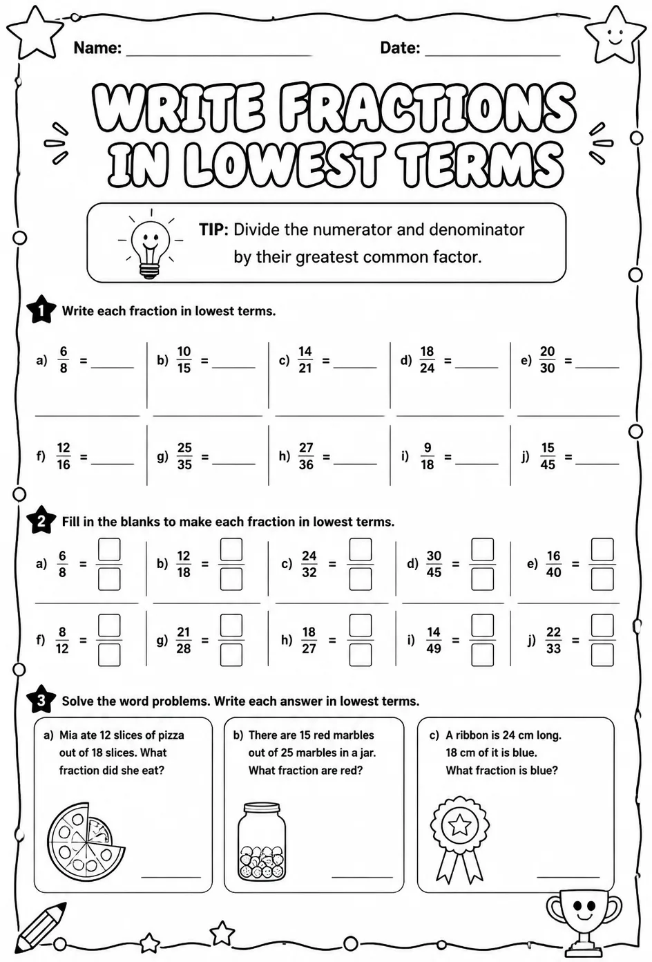 Write fractions in lowest terms — free printable Grade 5 math worksheet