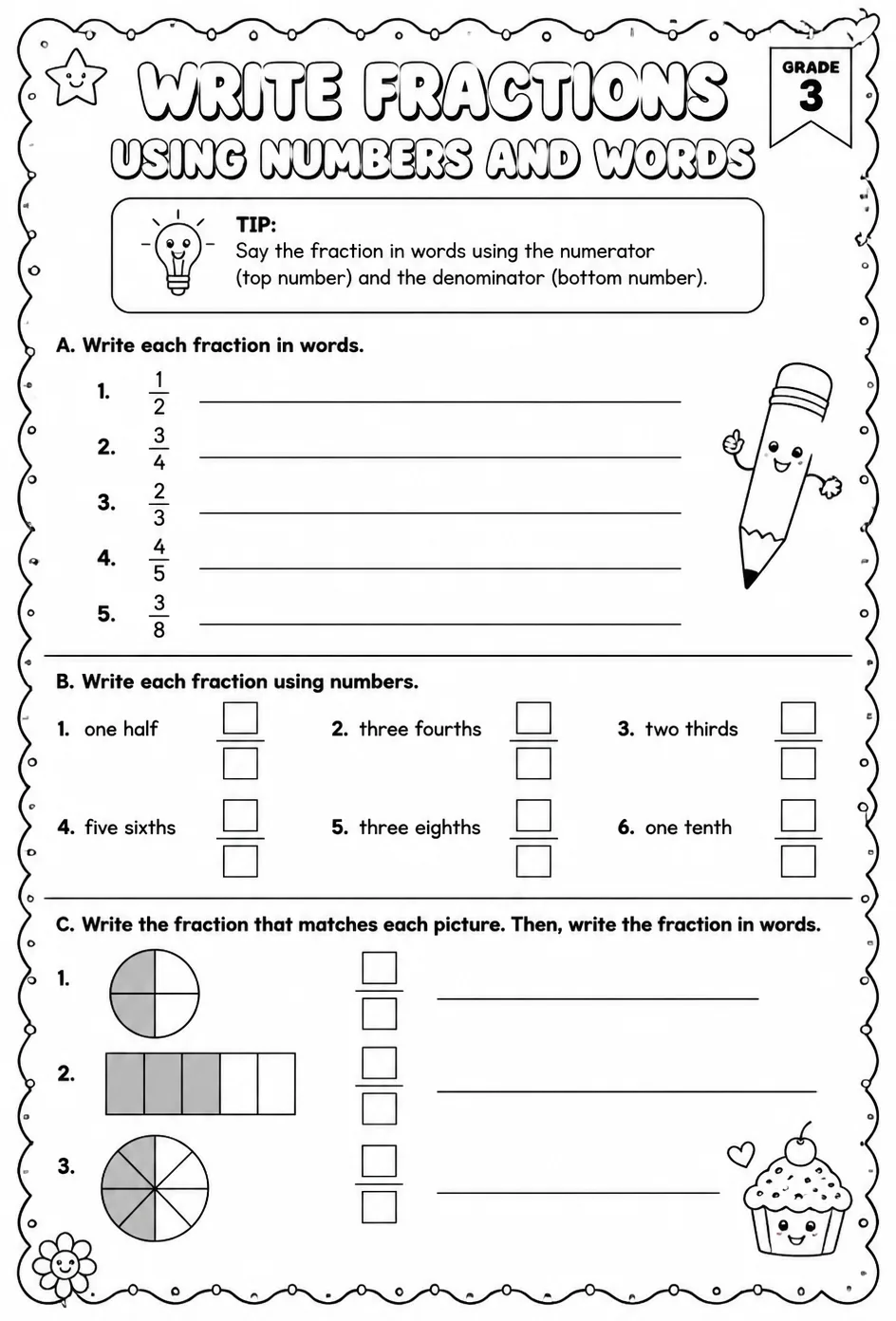 Write fractions using numbers and words — free printable Grade 3 math worksheet