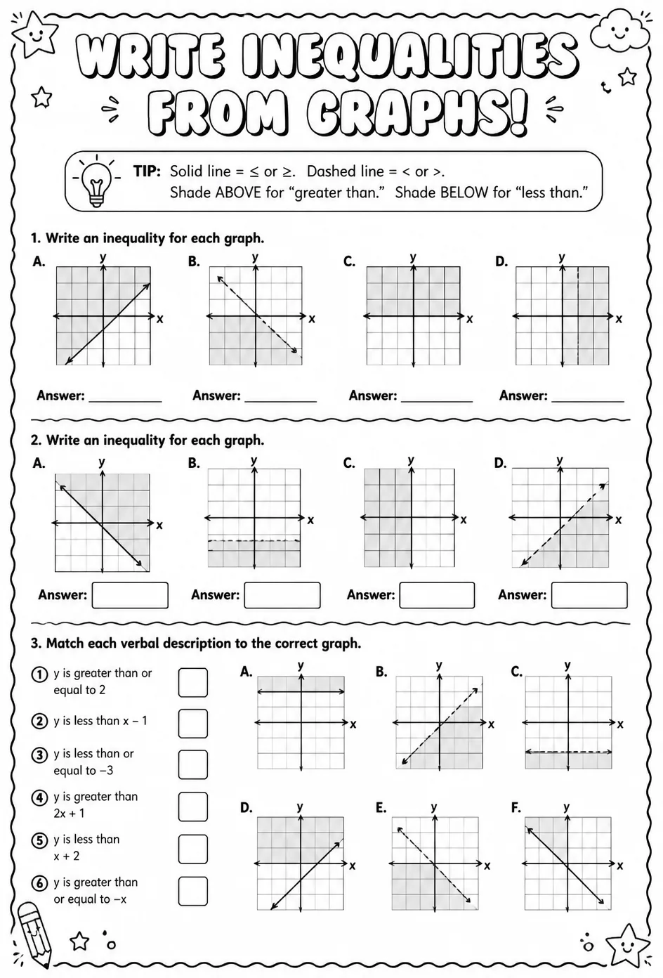 Write inequalities from graphs — free printable Algebra 1 math worksheet