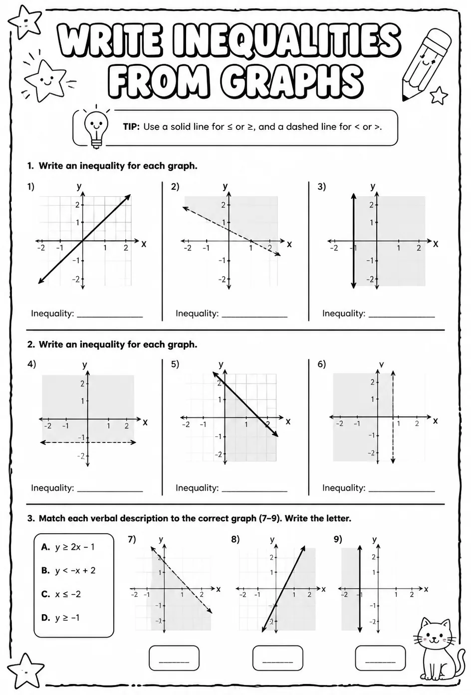 Write inequalities from graphs — free printable Algebra 2 math worksheet
