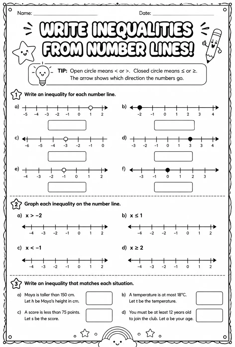 Write inequalities from number lines — free printable Grade 6 math worksheet