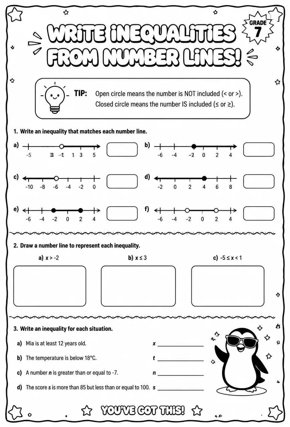 Write inequalities from number lines — free printable Grade 7 math worksheet