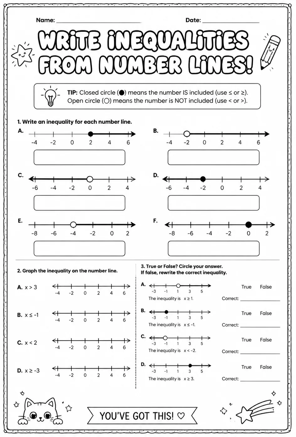 Write inequalities from number lines — free printable Grade 8 math worksheet