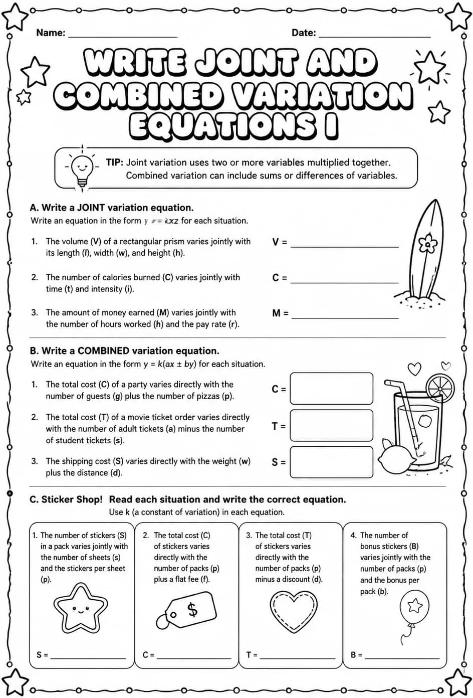 Write joint and combined variation equations I — free printable Algebra 2 math worksheet