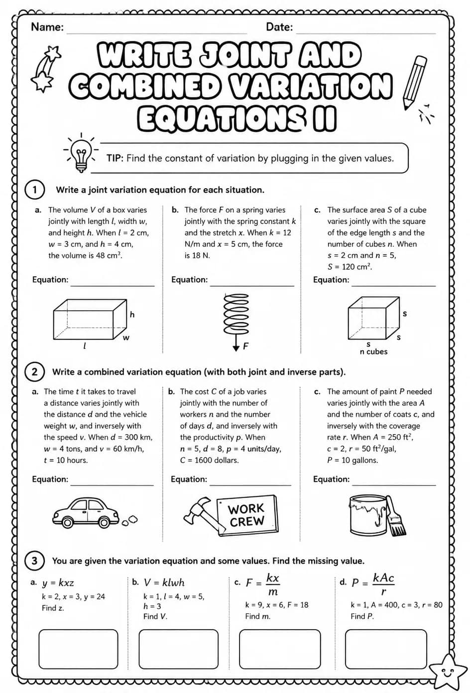 Write joint and combined variation equations II — free printable Algebra 2 math worksheet