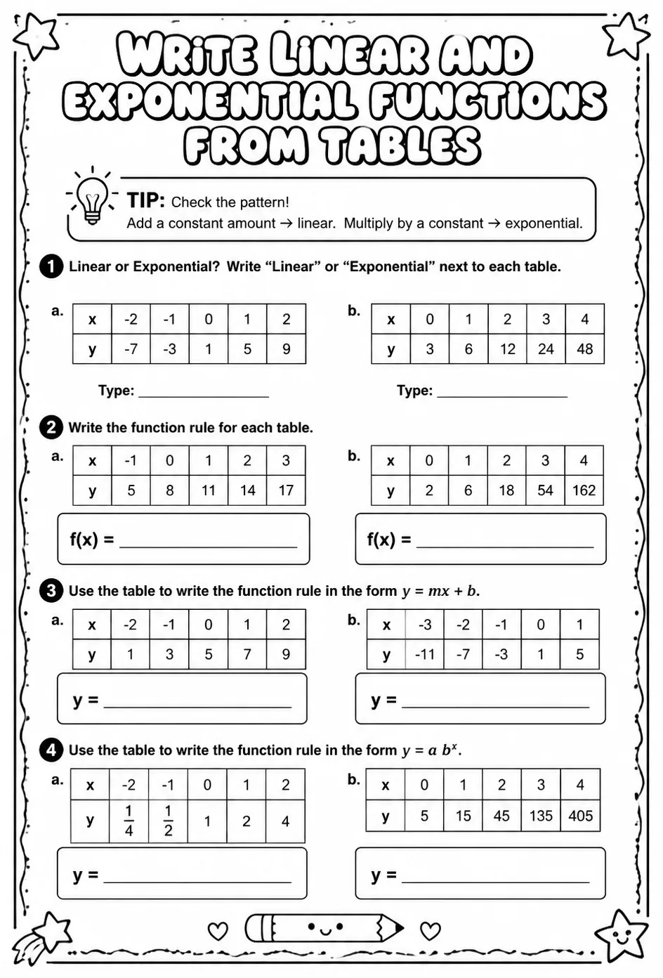 Write linear and exponential functions from tables — free printable Algebra 1 math worksheet