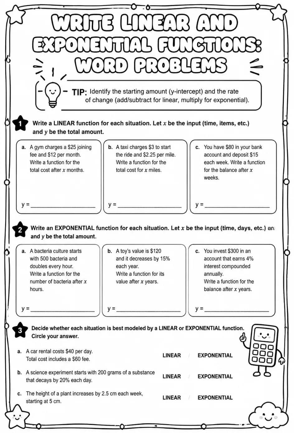 Write linear and exponential functions: word problems — free printable Algebra 1 math worksheet