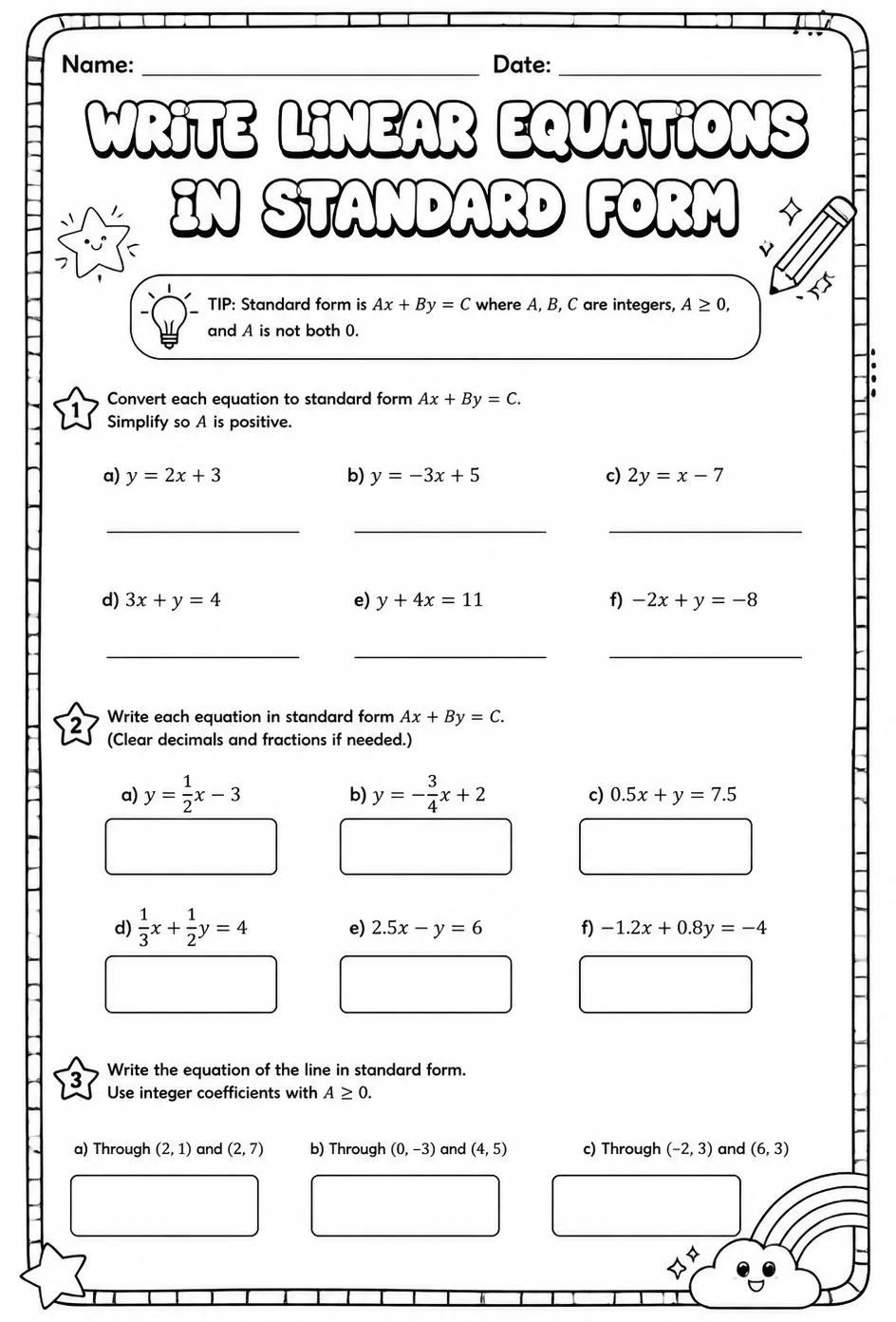 Write linear equations in standard form — free printable Algebra 1 math worksheet