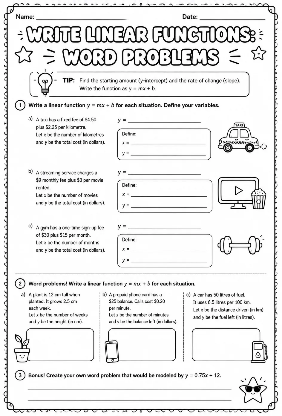 Write linear functions: word problems — free printable Grade 8 math worksheet