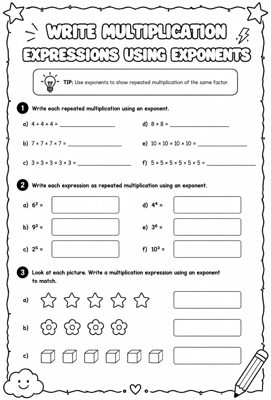 Write multiplication expressions using exponents — free printable Grade 6 math worksheet