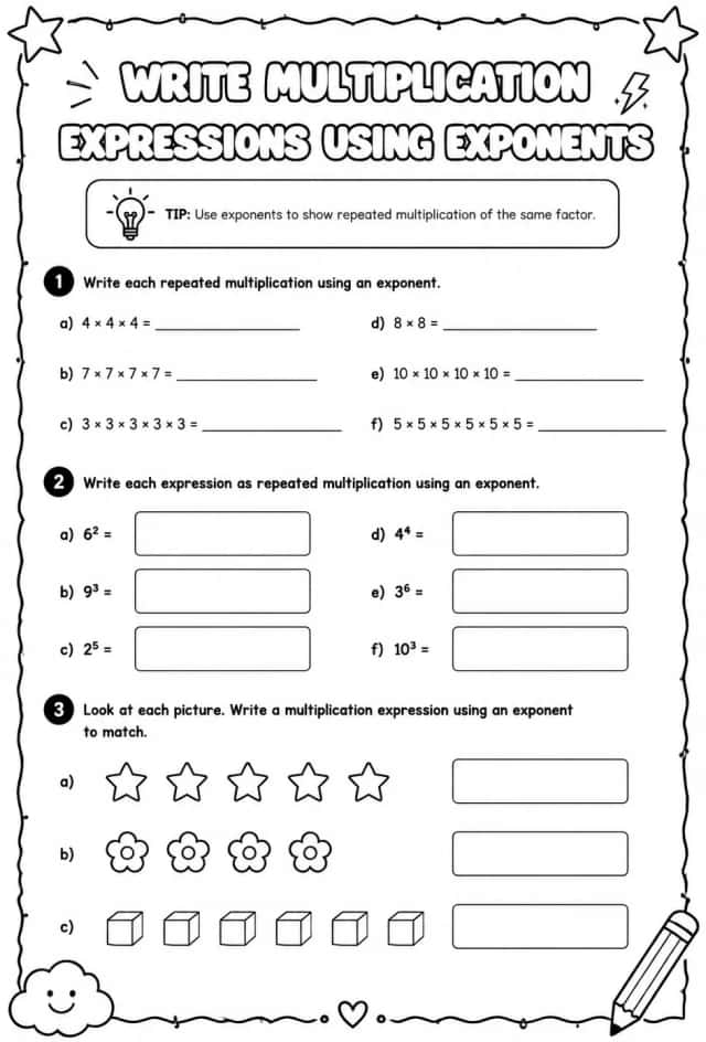 Write multiplication expressions using exponents