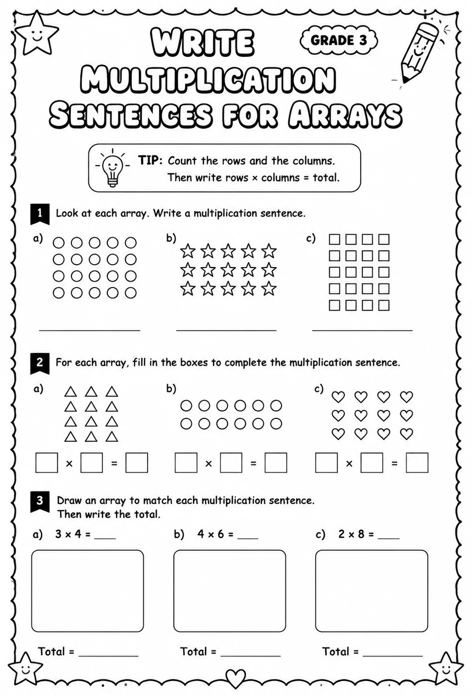 Write multiplication sentences for arrays — free printable Grade 3 math worksheet