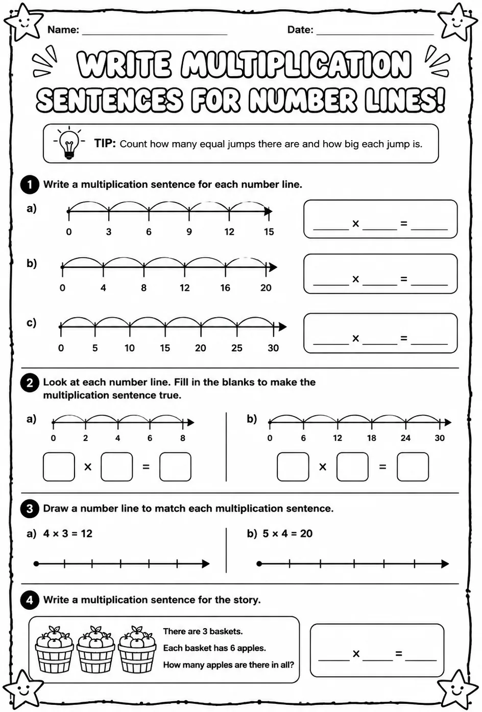 Write multiplication sentences for number lines — free printable Grade 3 math worksheet
