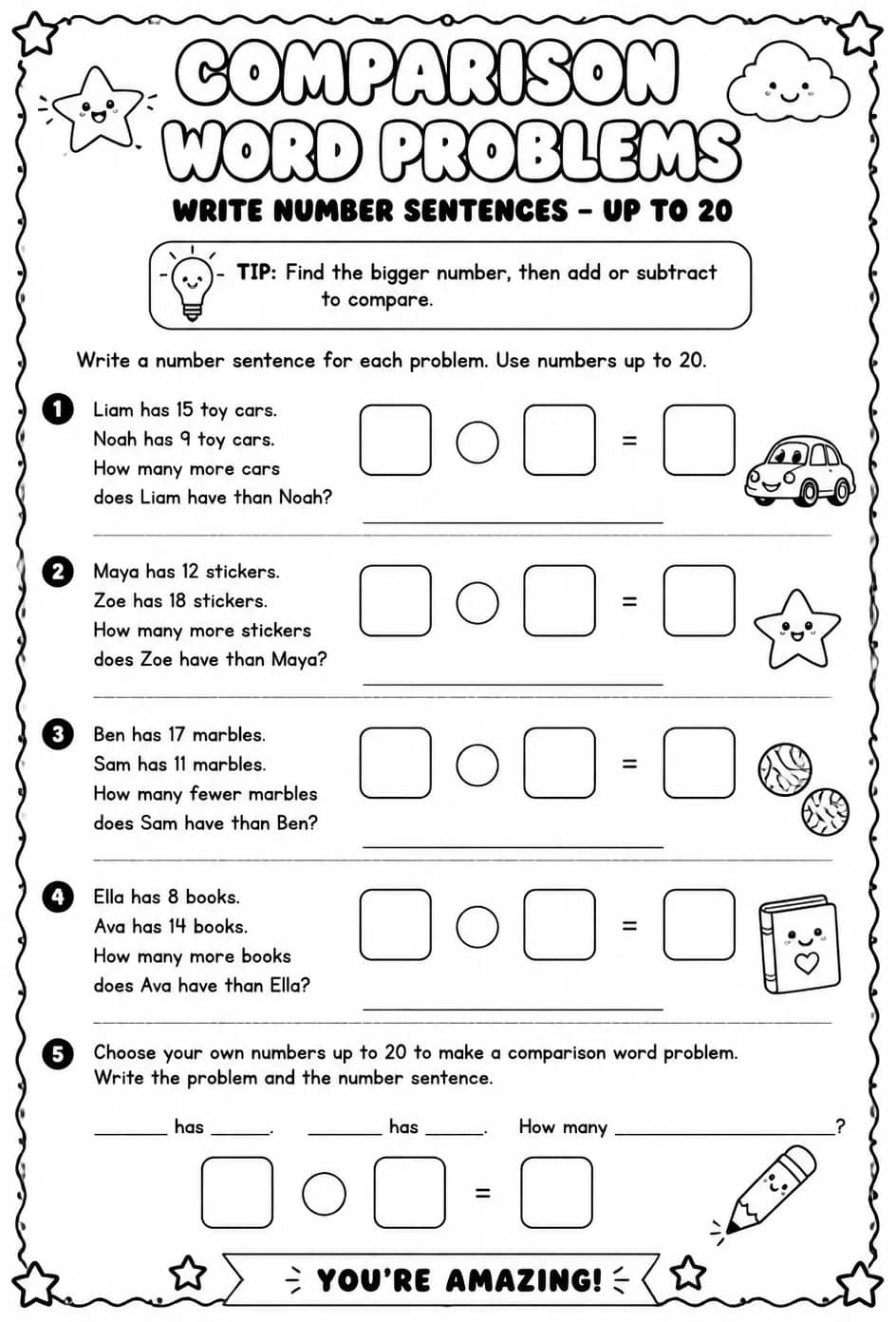 Write number sentences for comparison word problems - up to 20 — free printable Grade 1 math worksheet