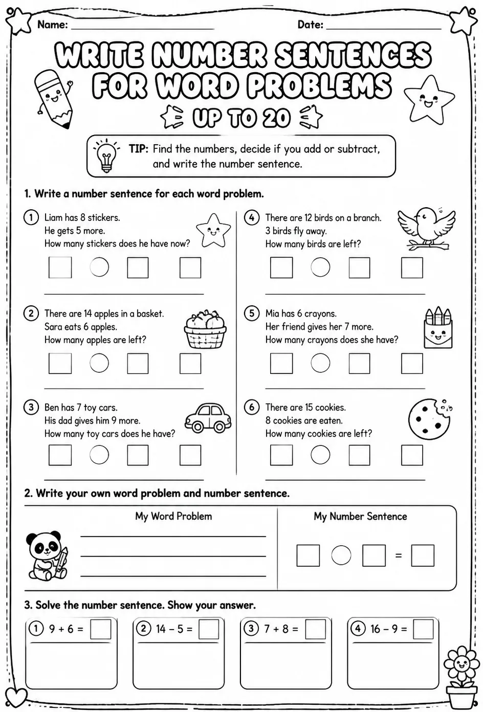 Write number sentences for word problems - up to 20 — free printable Grade 2 math worksheet