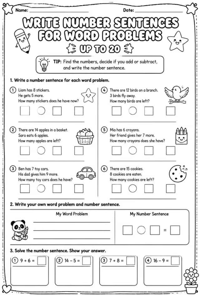 Write number sentences for word problems - up to 20