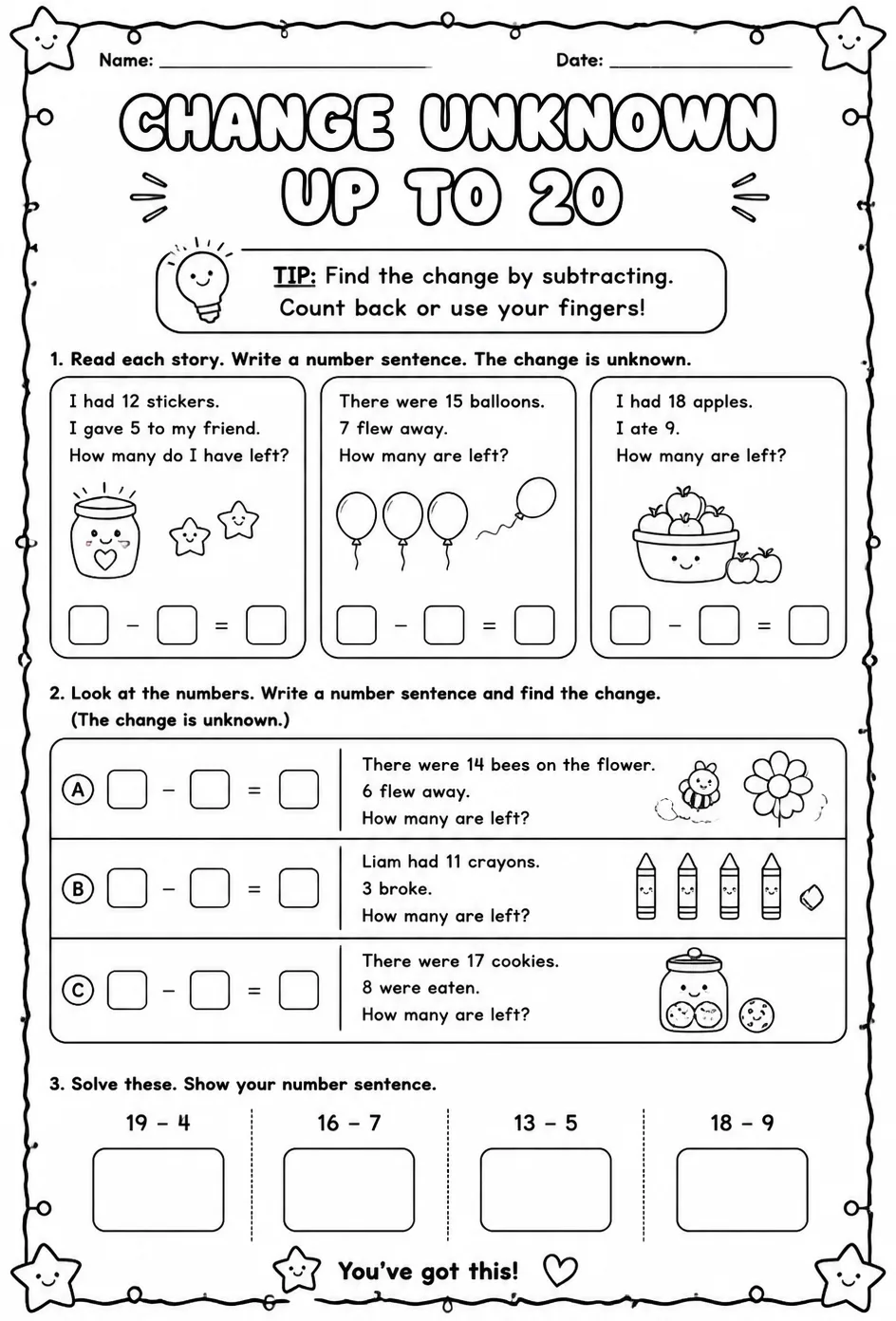 Write number sentences for word problems with change unknown - up to 20 — free printable Grade 1 math worksheet
