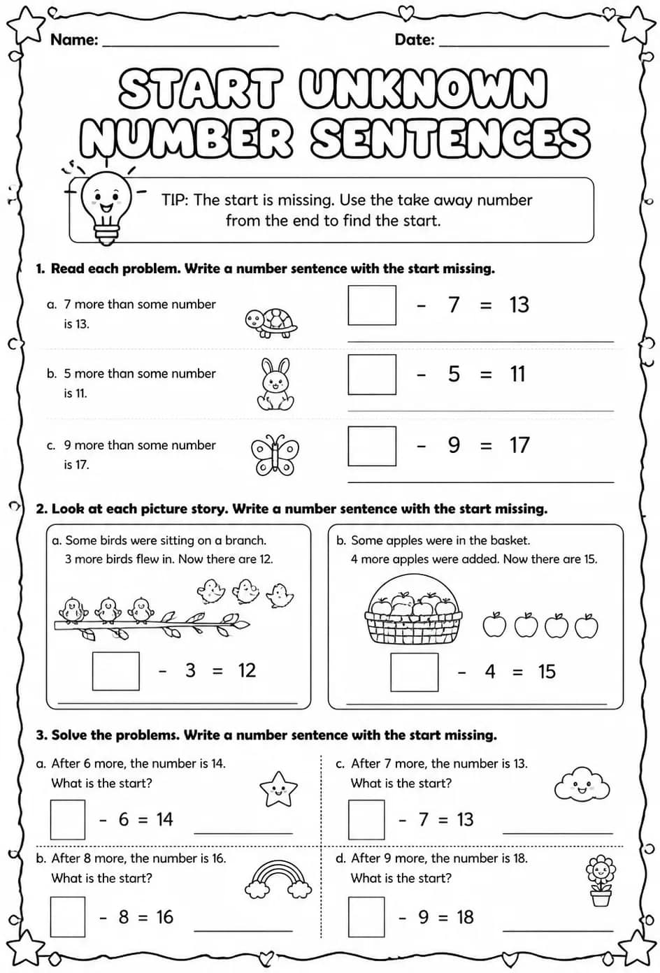 Write number sentences for word problems with start unknown - up to 20 — free printable Grade 1 math worksheet