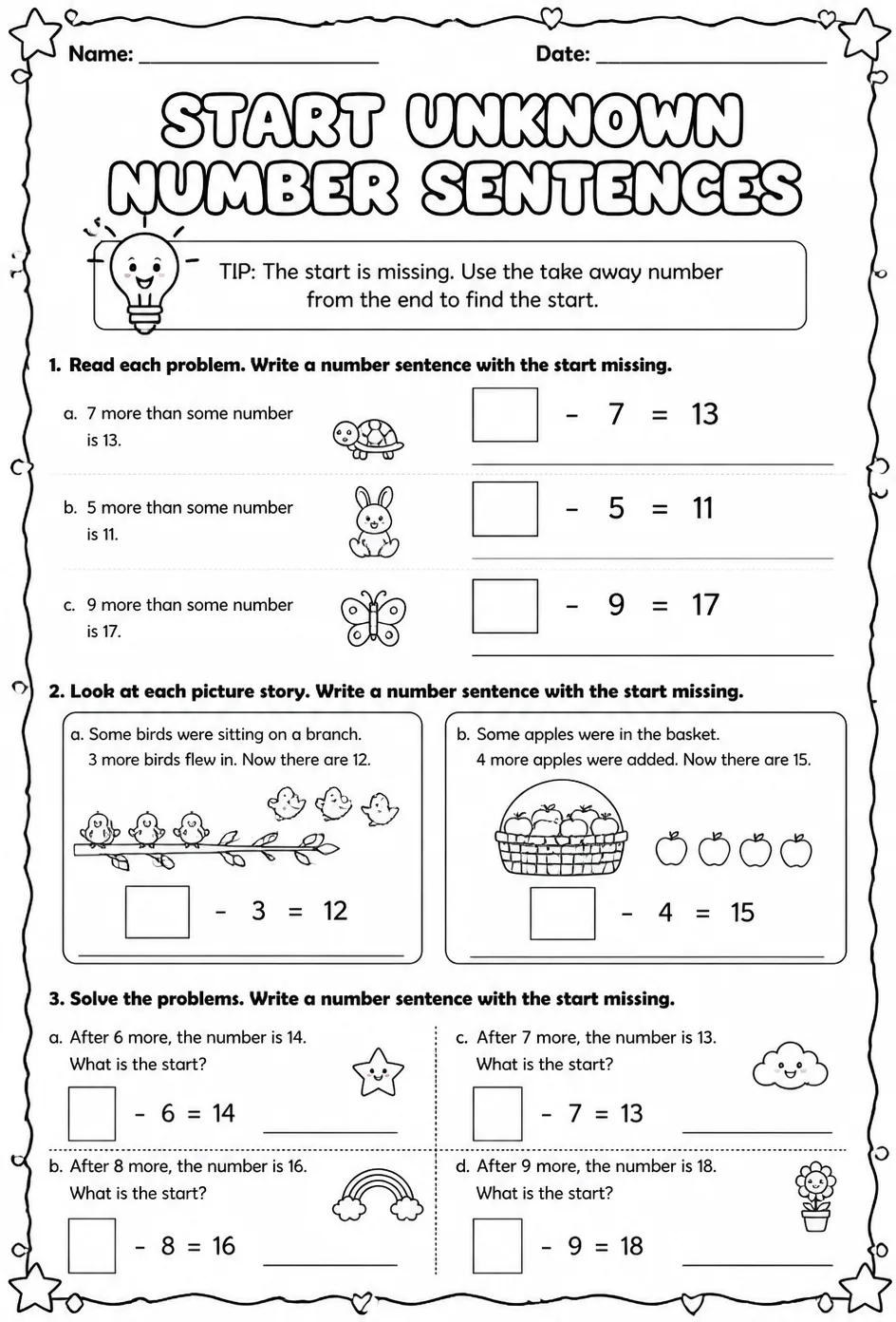 Write number sentences for word problems with start unknown - up to 20 — free printable Grade 1 math worksheet
