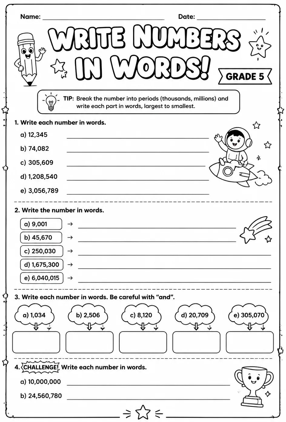 Write numbers in words — free printable Grade 5 math worksheet