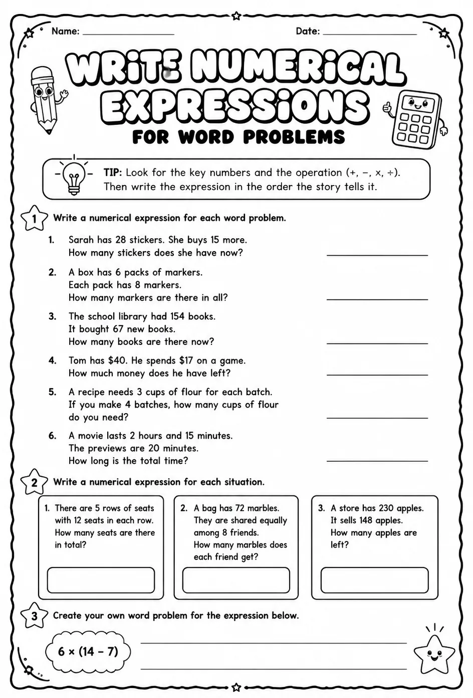 Write numerical expressions for word problems