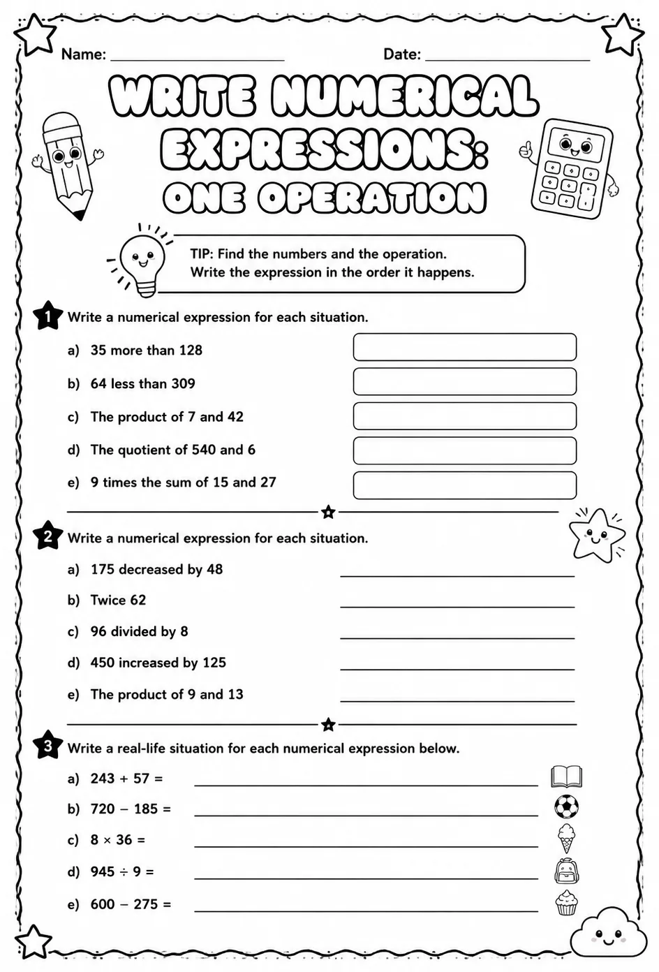 Write numerical expressions: one operation — free printable Grade 5 math worksheet