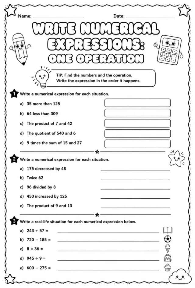 Write numerical expressions: one operation