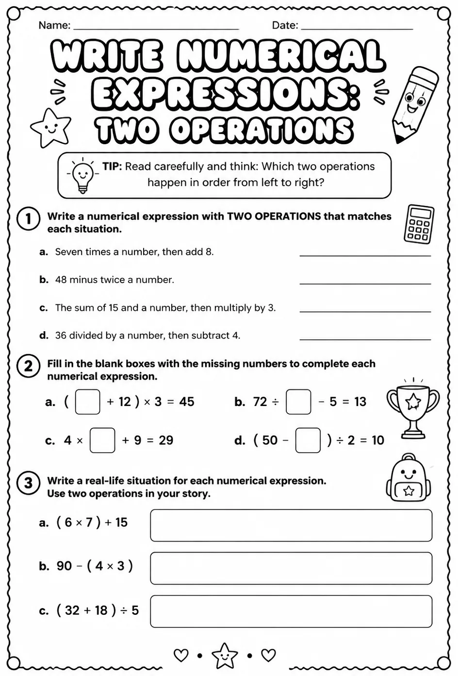 Write numerical expressions: two operations — free printable Grade 5 math worksheet