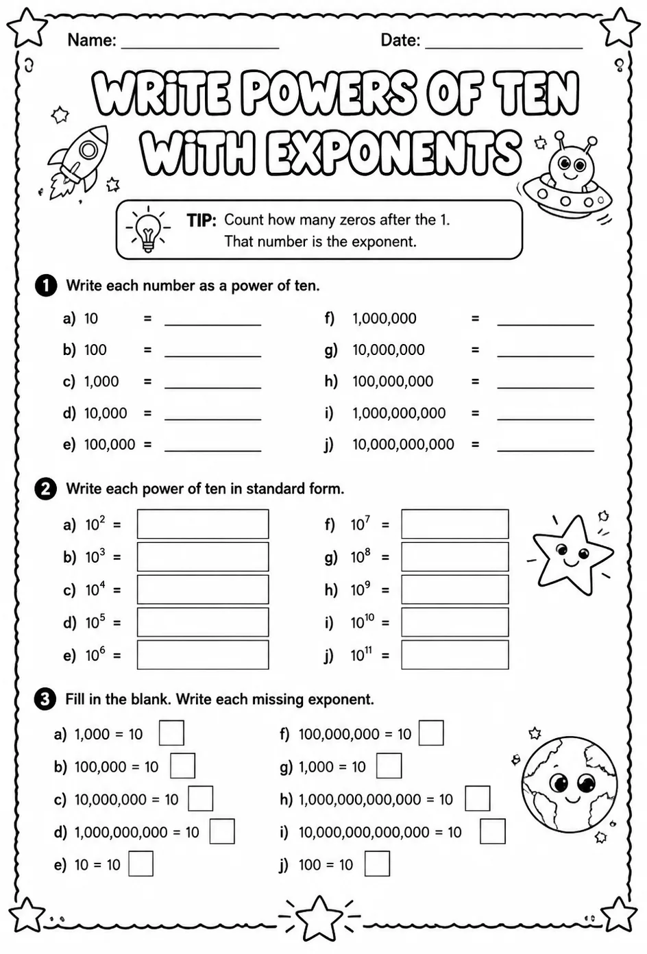 Write powers of ten with exponents — free printable Grade 6 math worksheet