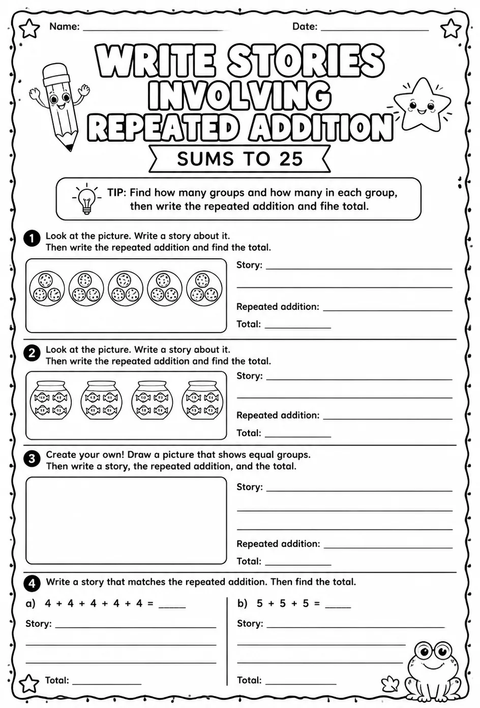 Write stories involving repeated addition - sums to 25 — free printable Grade 2 math worksheet