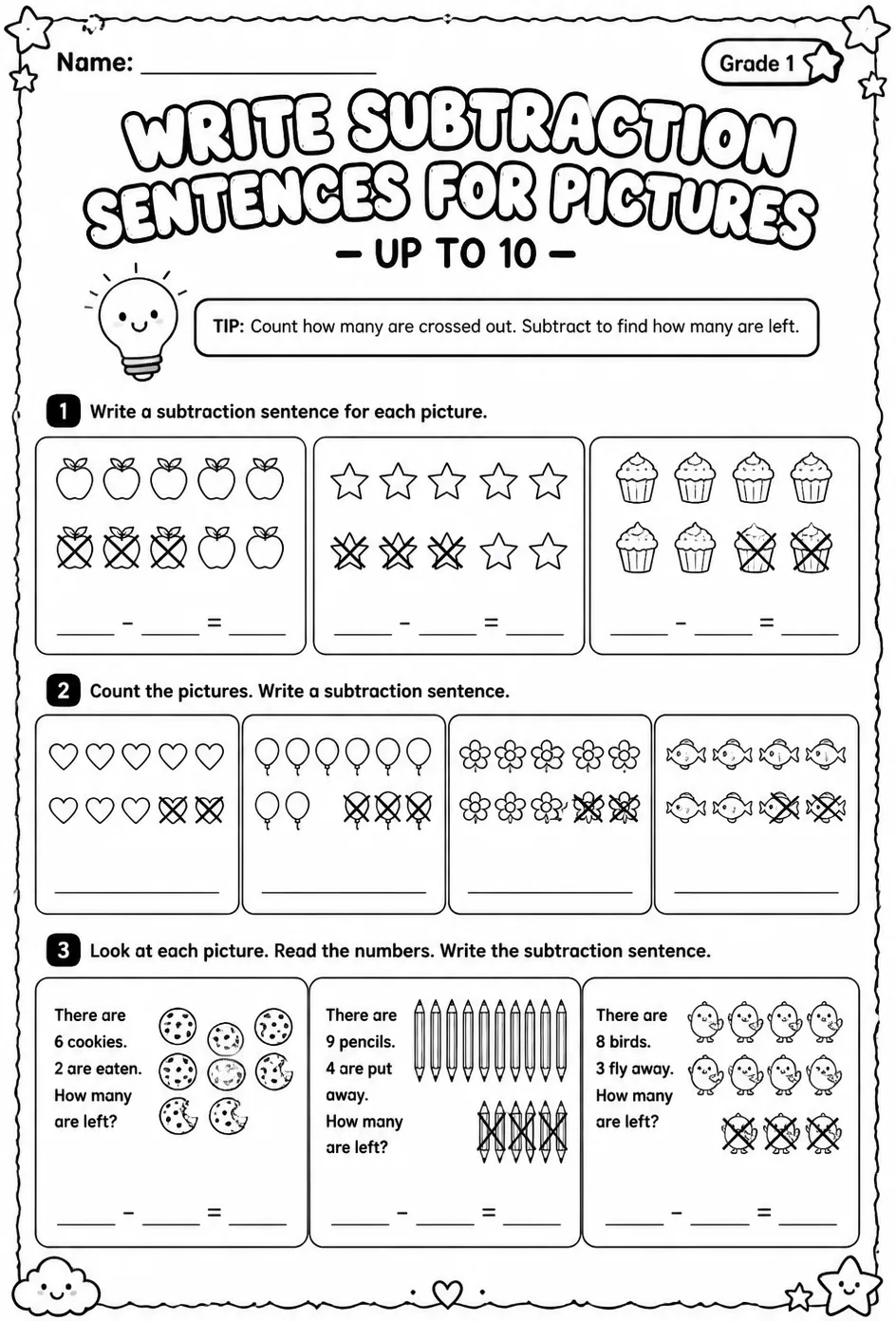 Write subtraction sentences for pictures - up to 10 — free printable Grade 1 math worksheet