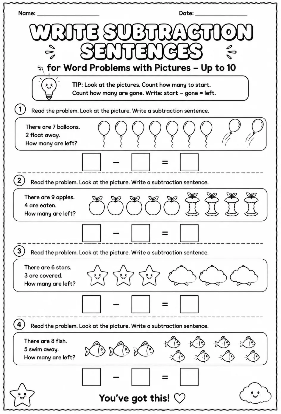 Write subtraction sentences for word problems with pictures - up to 10 — free printable Grade 1 math worksheet