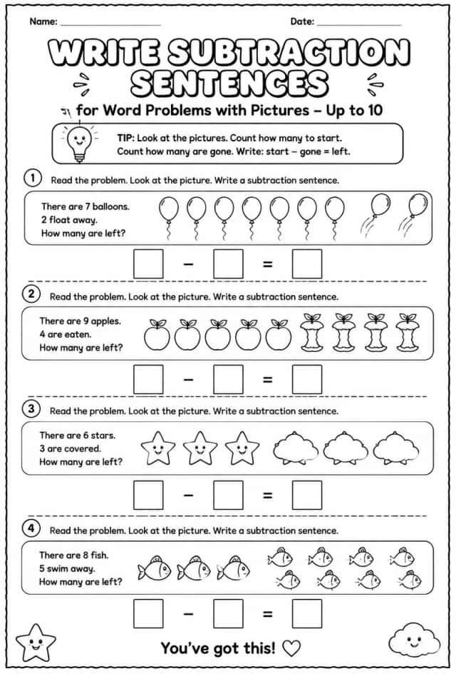 Write subtraction sentences for word problems with pictures - up to 10