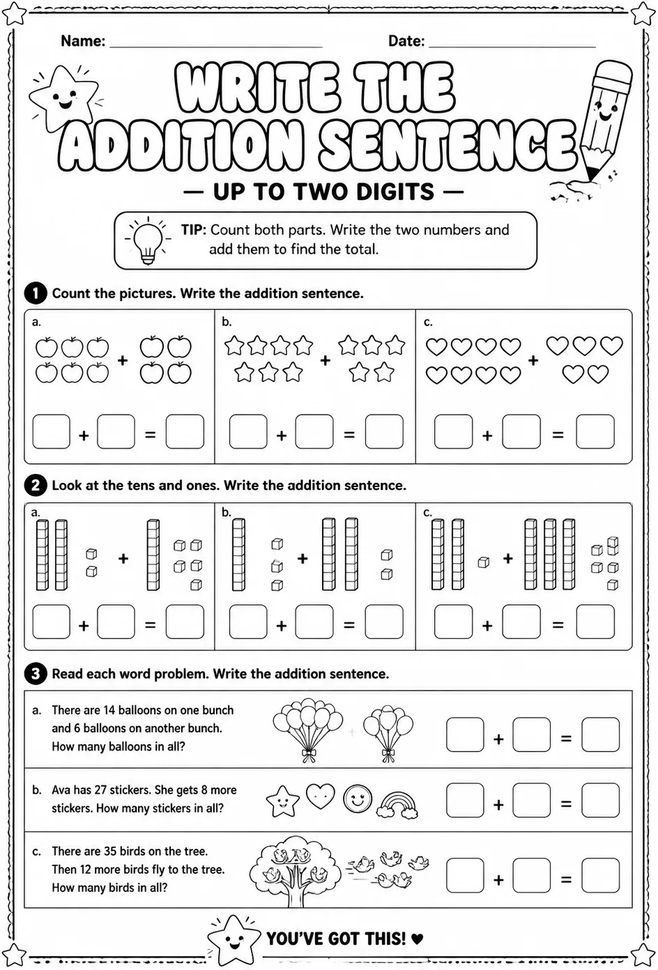 Write the addition sentence - up to two digits — free printable Grade 2 math worksheet