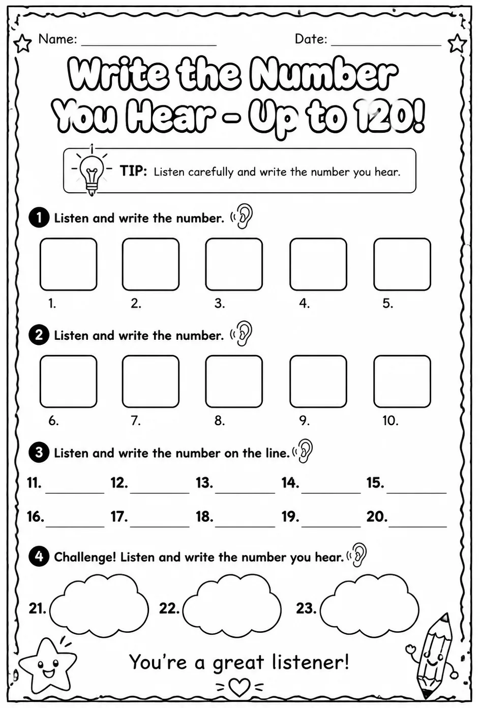 Write the number you hear - up to 120 — free printable Grade 1 math worksheet