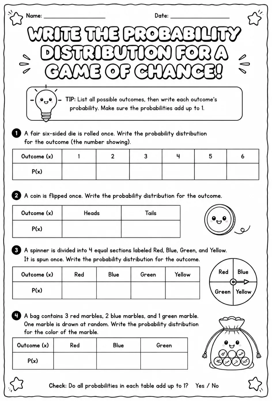 Write the probability distribution for a game of chance — free printable Algebra 2 math worksheet