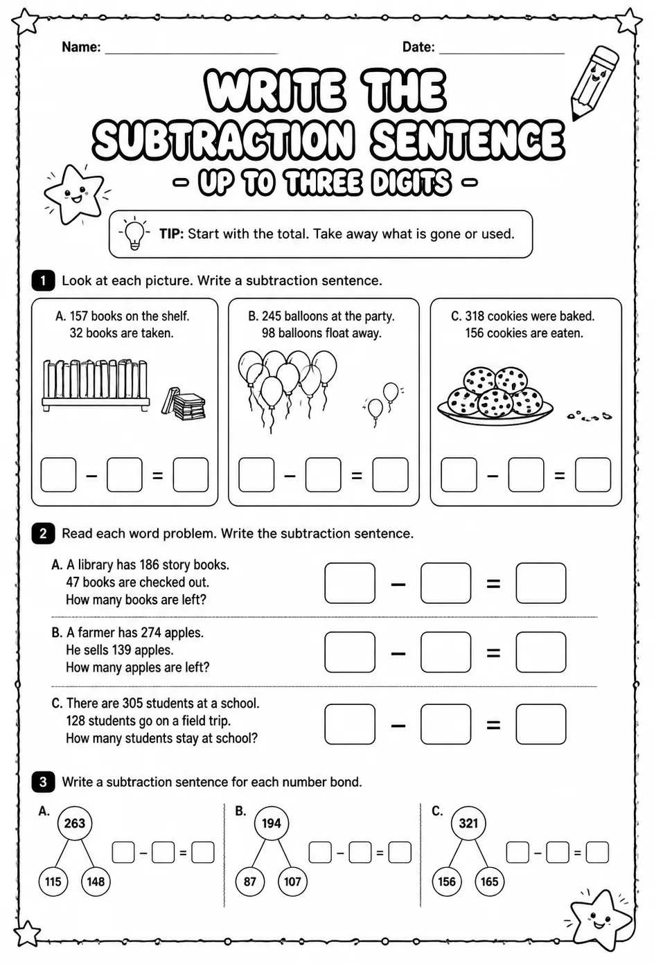 Write the subtraction sentence - up to three digits — free printable Grade 2 math worksheet