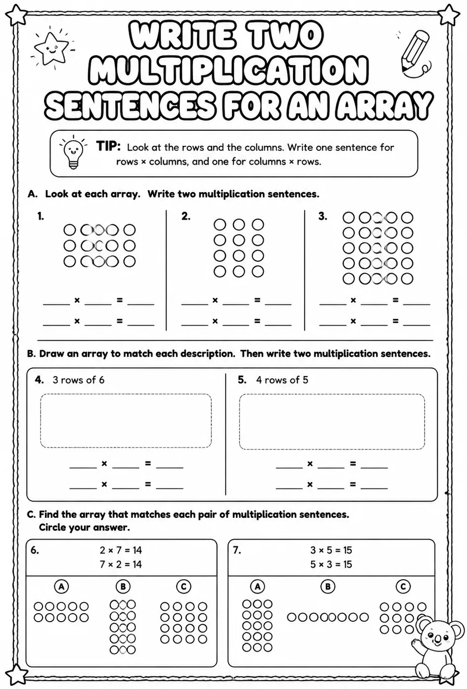 Write two multiplication sentences for an array — free printable Grade 3 math worksheet