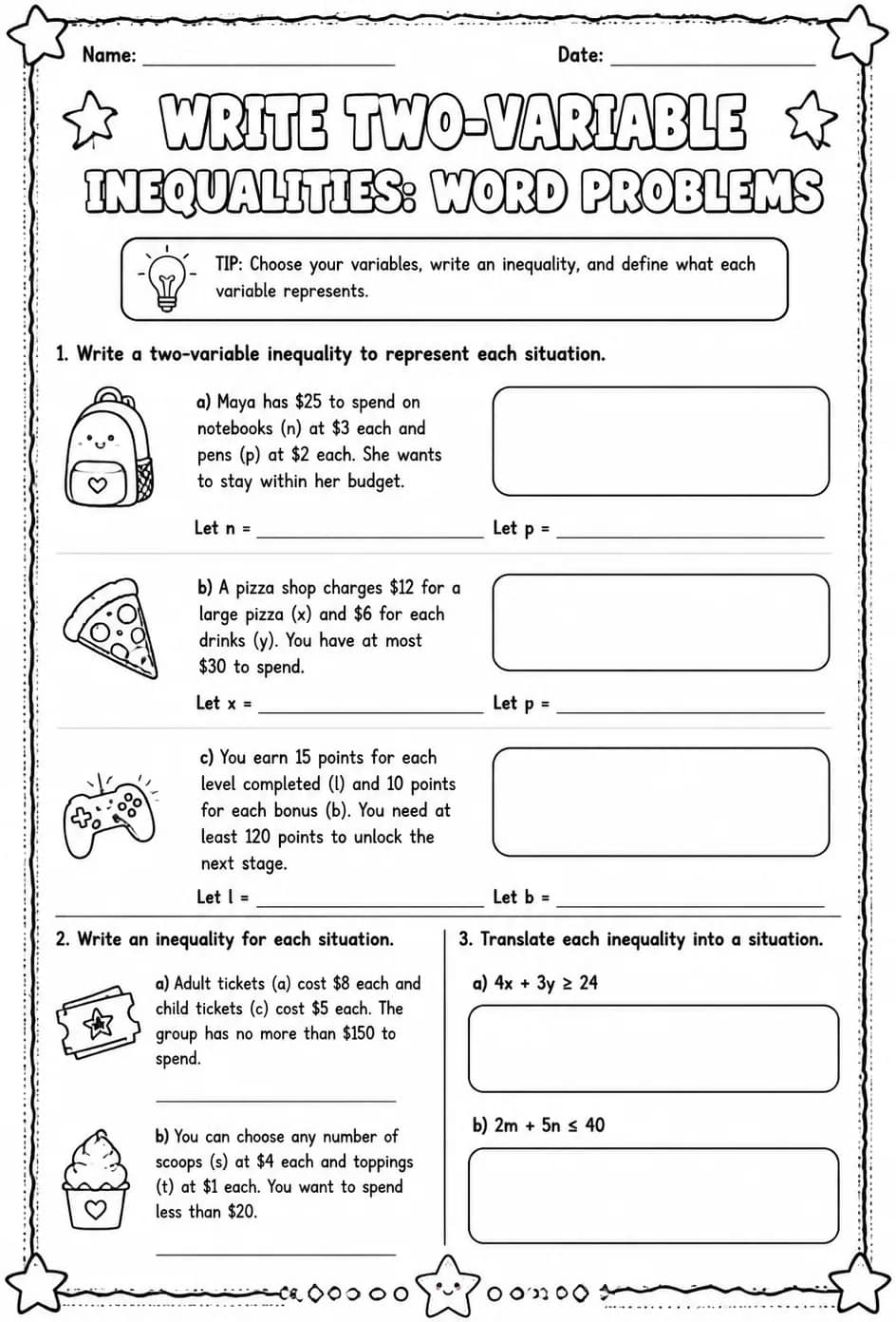 Write two-variable inequalities: word problems — free printable Algebra 1 math worksheet